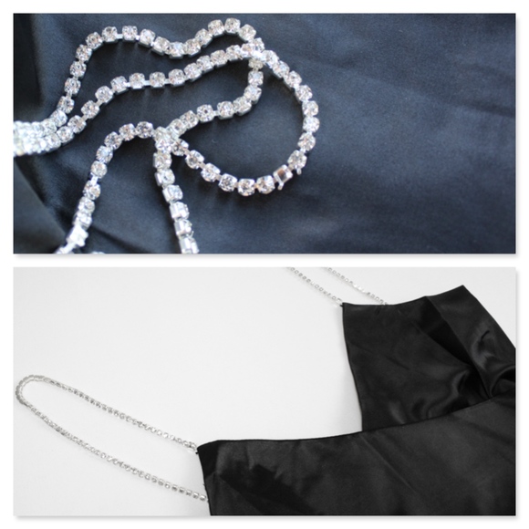 Black Satin Wrap Rhinestone Ruched Bodycon Dress - Picture 8 of 9